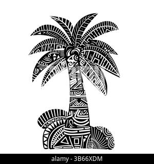 Palma tribale polinesiana, vibrazioni tropicali dell'isola, dettagli ispirati al tatuaggio Maori, intricate texture tribali, silhouette a inchiostro nero, alta tenuta Illustrazione Vettoriale