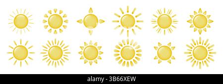 Una collezione di icone del sole con diversi raggi su sfondo bianco. Illustrazione Vettoriale