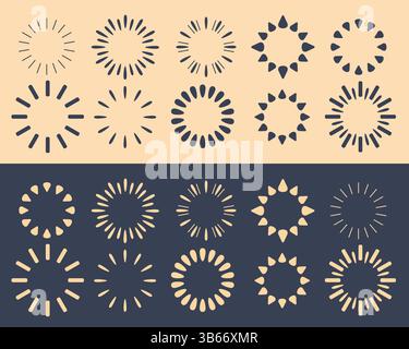 Un insieme di raggi solari su uno sfondo chiaro e scuro. Loghi a forma di raggio in stile retrò. Illustrazione Vettoriale