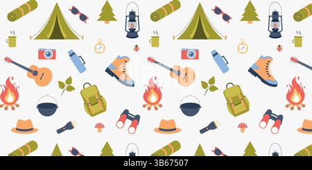 Sfondo con ripetizione continua. Attività ricreative all'aperto, elementi da campeggio, carta da imballaggio, stampa di tessuti. Illustrazione Vettoriale