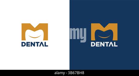 Il design del logo M Dental è professionale e divertente con dettagli blu e oro Illustrazione Vettoriale