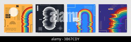 Illustrazione vettoriale. Forma arcobaleno ritorto con elementi geometrici in stile memphis. Elementi di progettazione per banner Web, modello di social media, post di blog Illustrazione Vettoriale