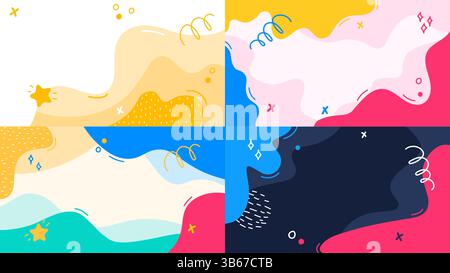 Illustrazione vettoriale. Sfondo colorato per bambini. Forme e linee di doodle disegnate a mano a memphis. Elementi di design scanalati per la carta da parati orizzontale Illustrazione Vettoriale