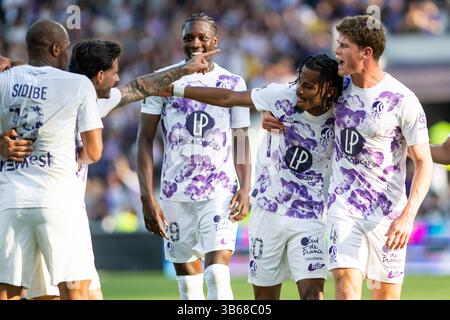 Tolosa, Francia. 3 maggio 2025. Yann Gboho di Tolosa festeggia il 3 maggio 2025 allo Stadio di Tolosa, Francia - foto Nathan Barange/DPPI Credit: DPPI Media/Alamy Live News Foto Stock