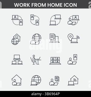 Icone di disegno in linea per concetto lavoro da casa, simboli di lavoro remoto, elementi dell'area di lavoro digitale Illustrazione Vettoriale