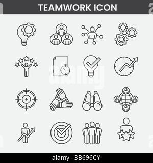 Icone minimaliste di collaborazione e lavoro di squadra, set vettoriale in bianco e nero per uso aziendale Illustrazione Vettoriale