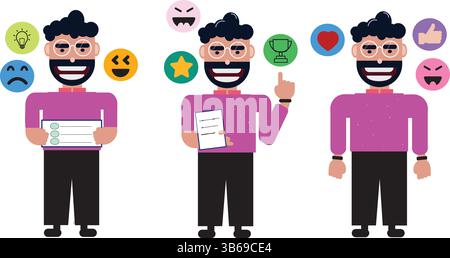 Illustrazione del concetto di marketing aziendale. Set di caratteri maschili piatto che svolge molte attività per il marketing. Design piatto Illustrazione Vettoriale