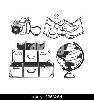 Icona da viaggio disegnata a mano in nero. Delineare i simboli della clipart della linea turistica di viaggio. Valigie, globo, mappa, macchina fotografica. Illustrazione vettoriale Illustrazione Vettoriale