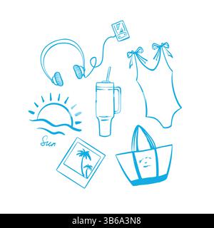 Scarabocchi estivi disegnati a mano, feste in spiaggia, vacanze e viaggi con elementi di colore blu. Set di vettori icona riga ora legale. Illustrazione vettoriale Illustrazione Vettoriale