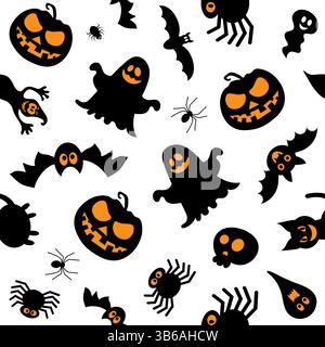 Illustrazioni a tema Halloween con zucche, fantasmi, pipistrelli e ragni su sfondo bianco Illustrazione Vettoriale