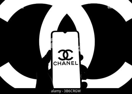 11 marzo 2022, Barcellona, Catalogna: In questa foto viene mostrato un logo Chanel visualizzato su uno smartphone con il logo Chanel sullo sfondo. (Immagine di credito: © Thiago Prudencio/DAX tramite ZUMA Press Wire) Foto Stock