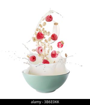 Fiocchi d'avena con lamponi freschi e latte che fuoriescono dal recipiente su sfondo bianco Foto Stock