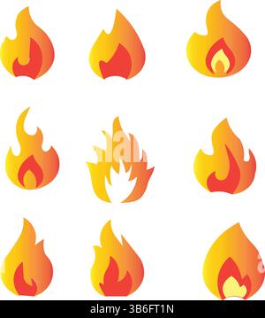 Collezione di nove icone di fuoco stilizzate Illustrazione Vettoriale