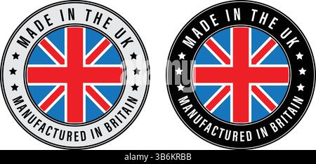 due stemmi realizzati nel regno unito con bandiere britanniche con stemmi circolari che indicano l'origine e la fabbricazione del prodotto nel regno unito Illustrazione Vettoriale