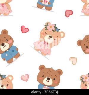 Motivo senza cuciture con simpatici orsetti e cuori di peluche su sfondo bianco Illustrazione Vettoriale