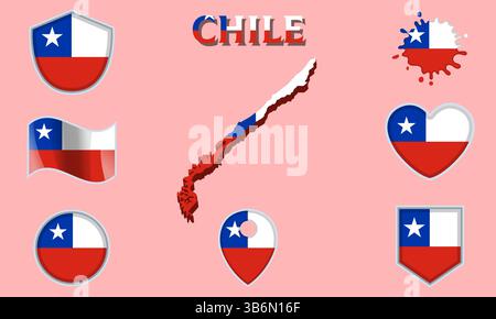 Collezione di bandiere e stemmi del Cile in stile piatto con mappa e testo Illustrazione Vettoriale
