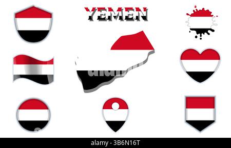Collezione di bandiere e stemmi dello Yemen in stile piatto con mappa e testo Illustrazione Vettoriale
