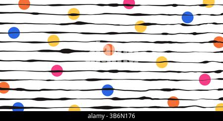 Sfondo disegnato a mano con linee e punti colorati. Sfondo divertente astratto. Motivo bianco minimalista. Design a pois in stile doodle. Bambini e. Illustrazione Vettoriale