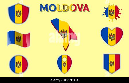Collezione di bandiere e stemmi della Moldavia in stile piatto con mappa e testo Illustrazione Vettoriale
