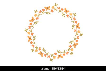 Corona floreale con delicati fiori e foglie in morbido arancione e giallo, ideale per inviti primaverili, cornici naturali e decorazioni botaniche Illustrazione Vettoriale