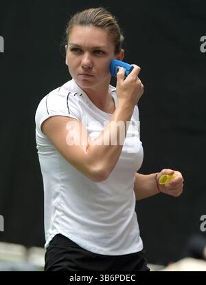 20 marzo 2019, Miami Gardens, Florida, Stati Uniti d'America: MIAMI GARDENS, FLORIDA - 20 MARZO: Simona Halep applica la crema solare durante il Miami Open giorno 3. Simona Halep è una tennista rumena. La Women's Tennis Association ha classificato il suo numero 1 del mondo in singolare in due occasioni separate tra il 2017 e il 2019. Ha raggiunto la posizione numero 1 per la prima volta il 9 ottobre 2017. Alla sua seconda occasione, ha tenuto la classifica per 48 settimane consecutive. Presentato da Itau all'Hard Rock Stadium il 20 marzo 2019 a Miami Gardens, Florida..persone: Simona Halep. (Immagine di credito: © SMG via ZUM Foto Stock
