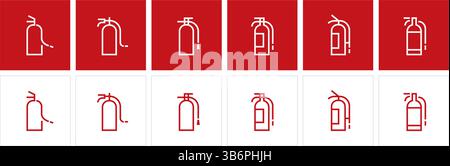 Icone dell'estintore in rosso e bianco, che indicano l'attrezzatura di sicurezza. Illustrazione Vettoriale
