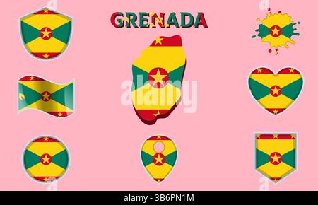 Collezione di bandiere e stemmi di Grenada in stile piatto con mappa e testo Illustrazione Vettoriale