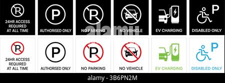 Una serie di diversi segnali di regolazione del parcheggio. Segnaletica chiara ed essenziale per la gestione del traffico e del parcheggio. Illustrazione Vettoriale