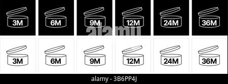 Simboli del periodo dopo l'apertura (PAO) che indicano la durata del prodotto cosmetico in mesi (da 3M a 36M). Illustrazione Vettoriale