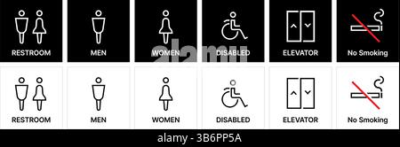 Icone vettoriali moderne per servizi igienici, uomini, donne, accesso disabili, scale, accesso wi-fi a internet, videosorveglianza, ascensore e cartelli per non fumatori. Illustrazione Vettoriale