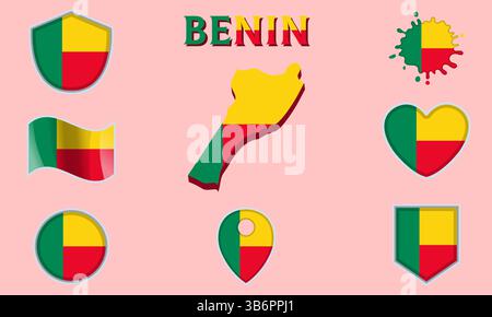 Collezione di bandiere e stemmi del Benin in stile piatto con mappa e testo Illustrazione Vettoriale