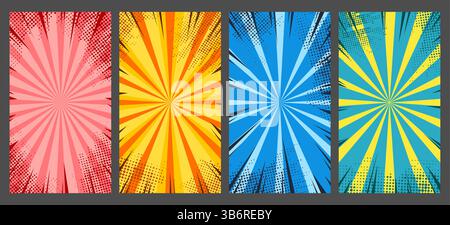 Illustrazione vettoriale. Sfondo verticale a righe in stile pop art con punti mezzitoni. Set di sfondi colorati vuoti a fumetti retrò. Elemento di progettazione Illustrazione Vettoriale