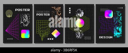 Illustrazione vettoriale. Sfondo in stile futuristico retrò con griglia intrecciata e forma marmorizzata. Elemento di design per la copertina di poster, libri o riviste Illustrazione Vettoriale