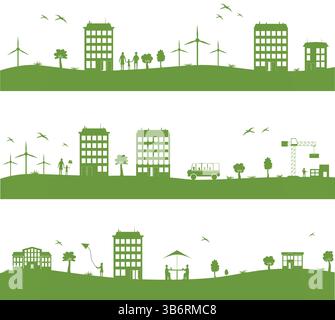 Città con case dei cartoni animati, panorama ecologico verde. Illustrazione Vettoriale