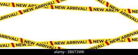 Nastro segnaletico nuovo arrivo con testo nero in grassetto e dettagli a strisce rosse. Banner per la vendita al dettaglio per la promozione, il marketing e la pubblicità dei prodotti. Vettore Illustrazione Vettoriale