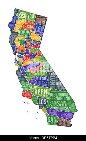 Forma californiana. State Word cloud con divisione contea. Illustrazione colorata della California. I nomi delle contee sono nubi. Illustrazione vettoriale. Illustrazione Vettoriale
