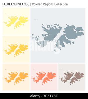 Collezione di mappe delle Falklands. Forma del paese con regioni colorate. Blu grigio, giallo, ambra, arancione, arancione profondo, tavolozze di colore marrone. Illustrazione Vettoriale