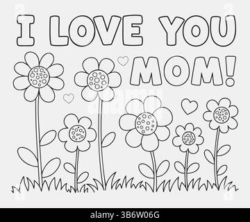 pagina da colorare per la festa della mamma per i bambini con messaggio "ti amo mamma", carina farfalla e semplice arte vettoriale di fiori Illustrazione Vettoriale