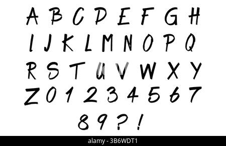 Alfabeto e numeri neri disegnati a mano, carattere ruvido in stile pennello per il design digitale e progetti di Street art. Illustrazione Vettoriale