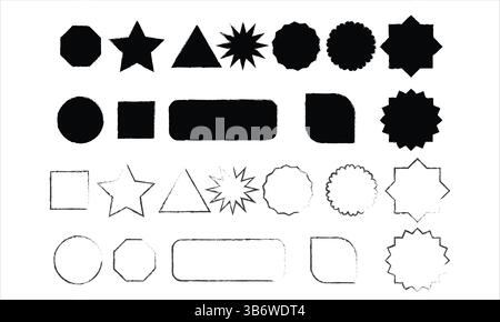Set di forme geometriche grungy di base. vettore di forme ruvide e disordinate. Illustrazione Vettoriale