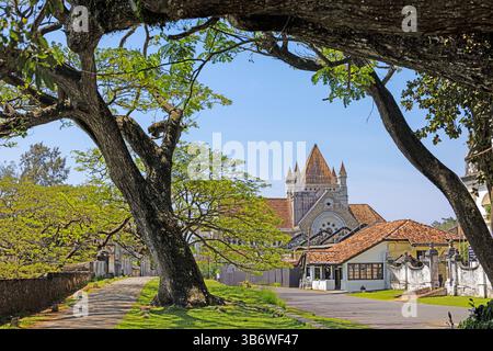 Chiesa di tutti i Santi a Galle Sri Lanka incorniciata da alberi antichi in una giornata di sole in estate Foto Stock