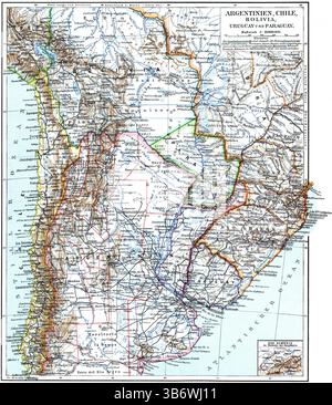 Mappa di Argentina, Cile, Bolivia, Uruguay e Paraguay con inserto che mostra il confronto delle dimensioni con la Svizzera. Foto Stock