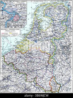 Mappa del Belgio e dei Paesi Bassi con incasso dei dintorni di Anversa. Pubblicazione della "Meyers encyclopedia", Vol. 6, Lipsia, Germania, 1910 Foto Stock