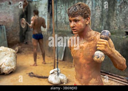 Guru Jasram Akhada, palestra di allenamento Kushti, Delhi Foto Stock