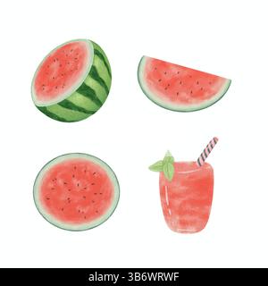 Set di illustrazione realistica dell'anguria isolata su bianco. l'anguria fetta clipart. Frutta estiva elemento disegnato a mano vibrazioni estive Foto Stock