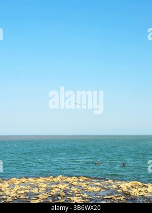 Il gabbiano solitario si innalza sulla costa rocciosa Foto Stock