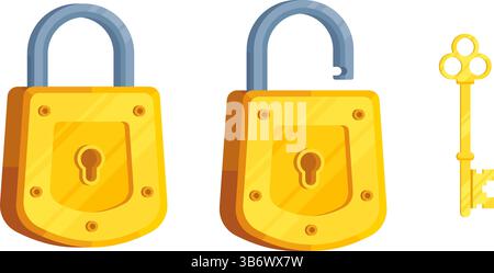 Immagine delle serrature dettagliate con serratura aperta e chiusa e chiave. Set di serratura e chiave in stile moderno. Illustrazione Vettoriale