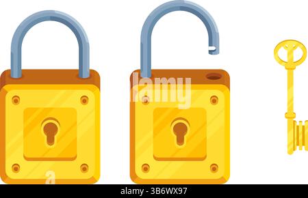 Immagine delle serrature dettagliate con serratura aperta e chiusa e chiave. Set di serratura e chiave in stile moderno. Illustrazione Vettoriale