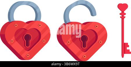 Una serratura rossa a forma di cuore con una chiave. Illustrazione stilizzata del lucchetto con chiave. Illustrazione Vettoriale