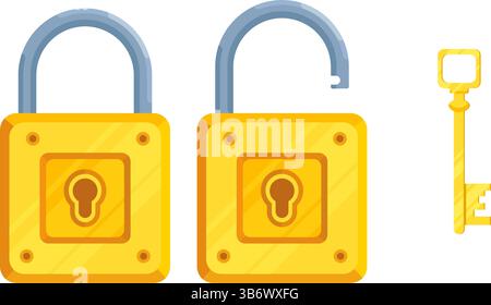 Immagine delle serrature dettagliate con serratura aperta e chiusa e chiave. Set di serratura e chiave in stile moderno. Illustrazione Vettoriale